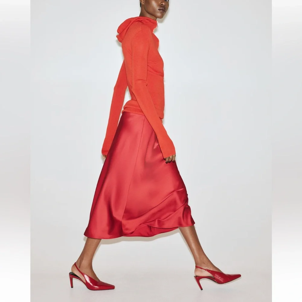 NWT H&M Elegant Red Satin Midi Skirt, XXL